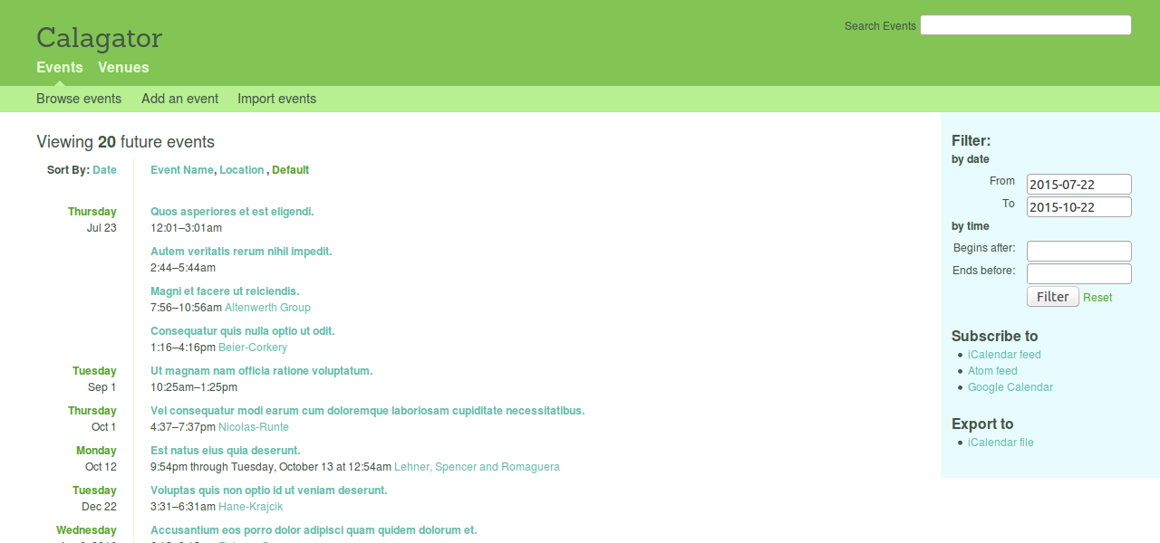 Screenshot of the landing page for the open source software Calagator.