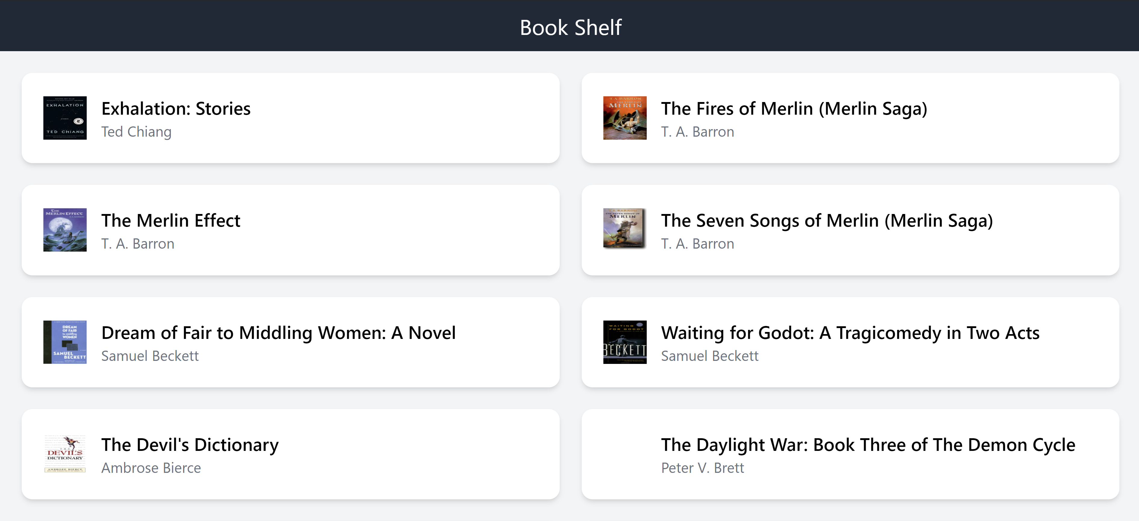 Screenshot of the book shelf page. shows a list of books from the library